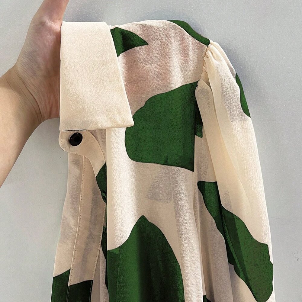 Green Casual Women's Contrast Color Print Lantern Sleeve Blouse Cloth - Picture 6 of 7